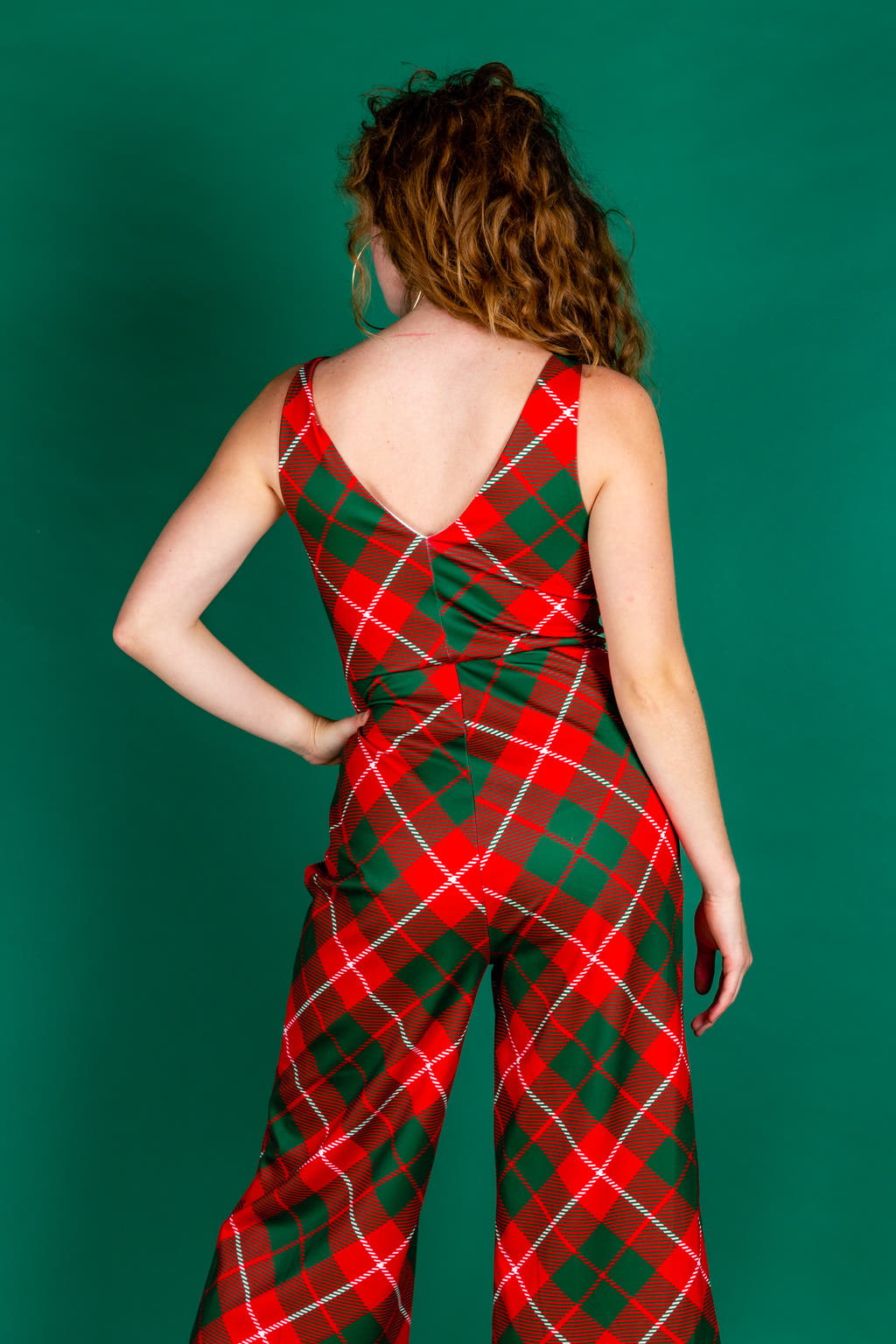 poinsettia red plaid holiday jumpsuit for women
