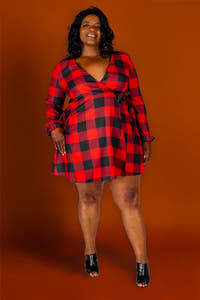 ladies red and black check holiday wrap dress
