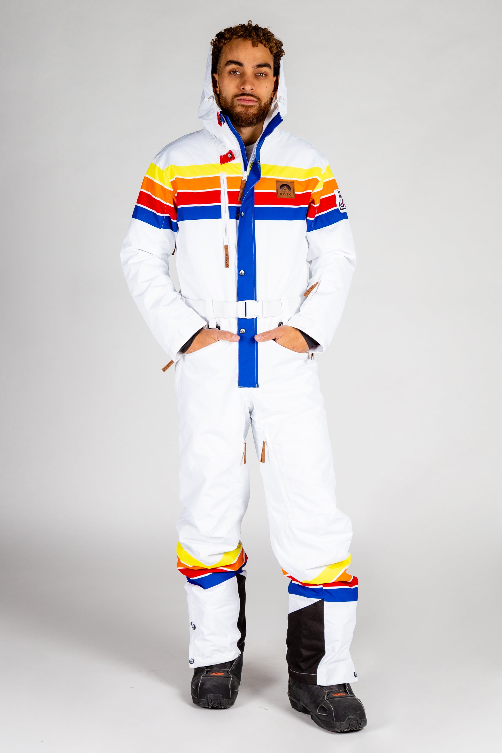 Ladies Unisex White Retro Striped Ski Suit | The Powder Day