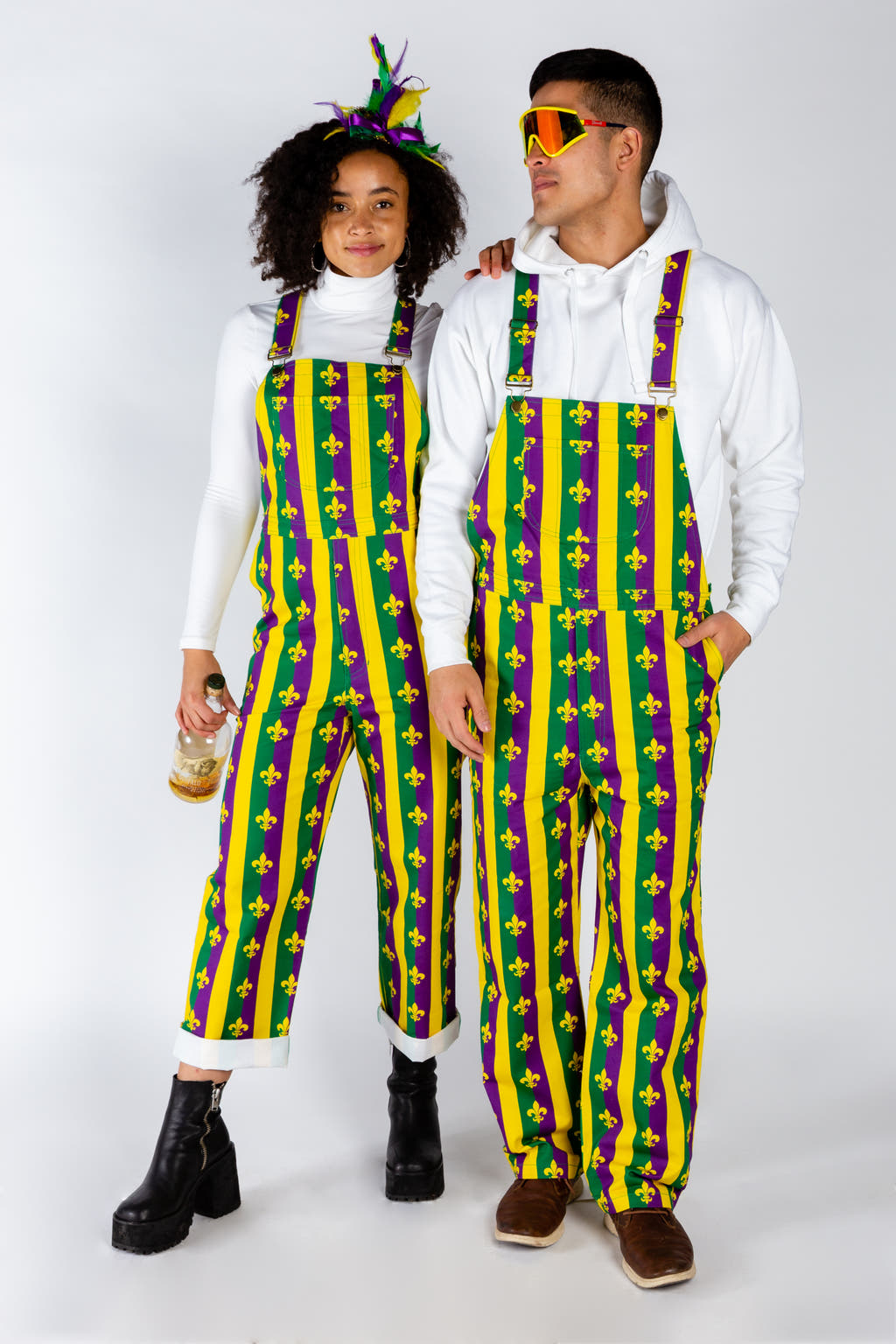 Couples matching overalls for mardi gras