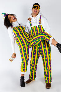 Couple's matching mardi gras overalls