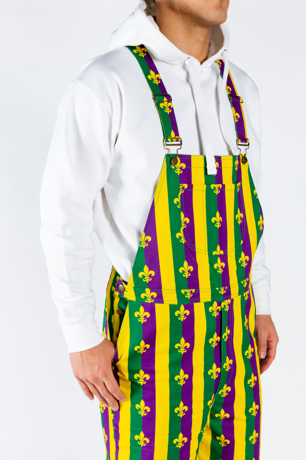 Mardi gras patterned overalls