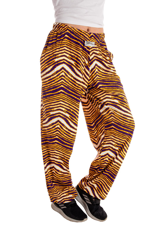 Ladies Purple and Gold Zubaz Hammer Pants | The Hot Yoga Hammers