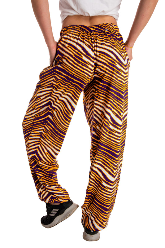 Ladies Purple and Gold Zubaz Hammer Pants | The Hot Yoga Hammers