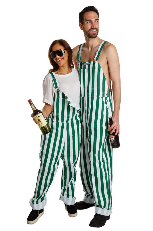 green and white striped overalls