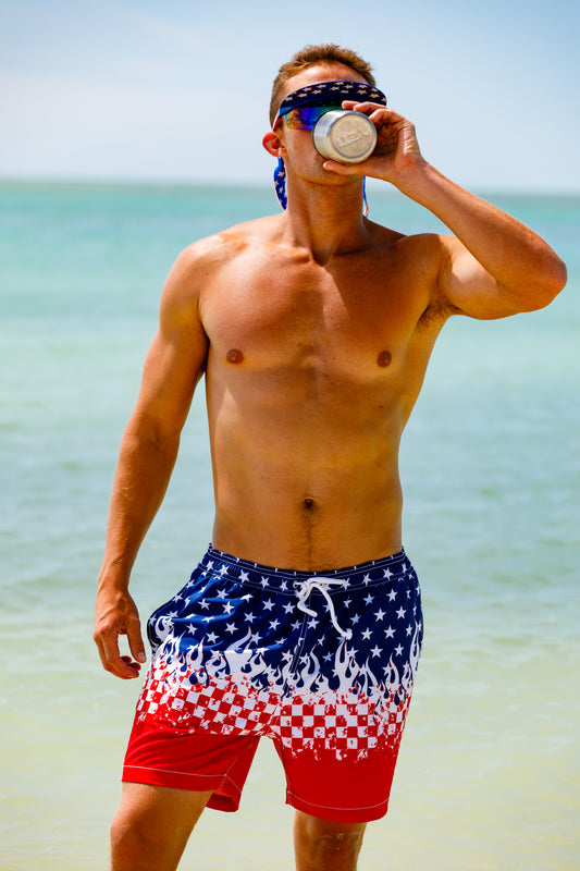 mens red white and blue swim trunks