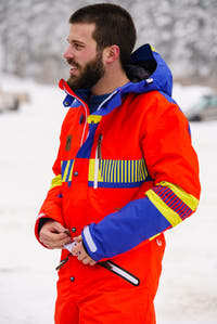 red blue yellow color ski suit for men