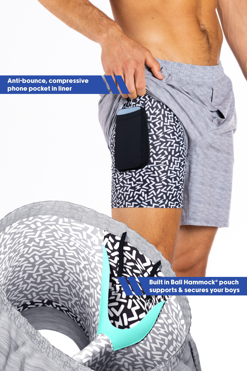 grey athletic shorts with phone pocket
