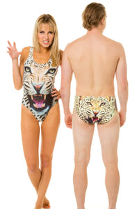 matching gals and guys leopard print swimwear