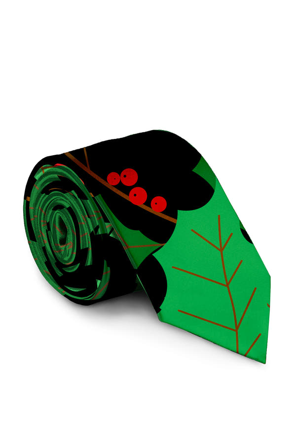 The Deck Yourself Before You Wreck Yourself Holly Print Black and Green Christmas Long Tie