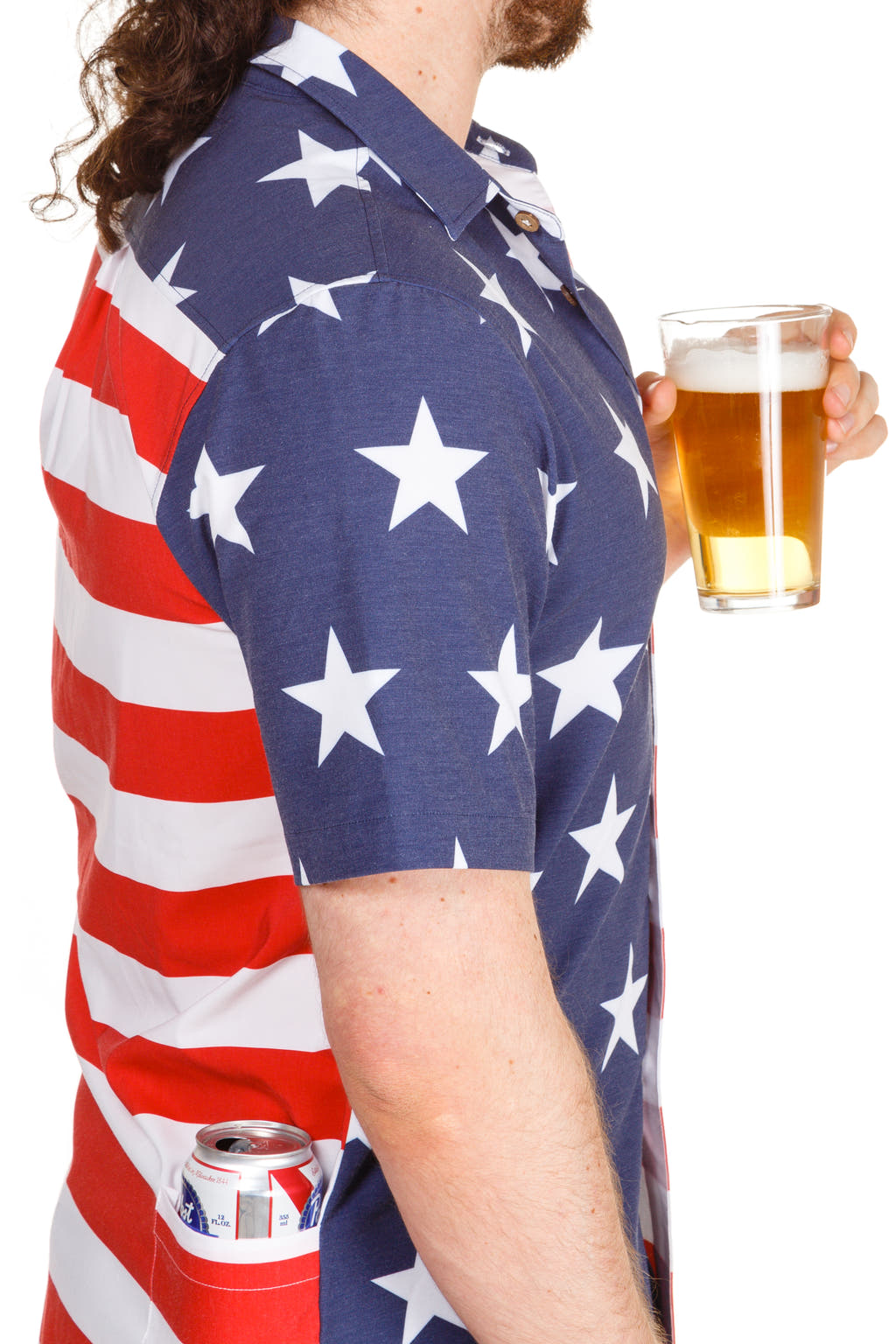 american flag hawaiian shirt with beer pocket