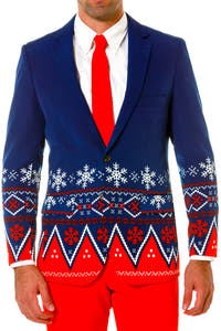 Navy and Red Nordic Patterned Ugly Christmas Sweater Suit Jacket Close-up