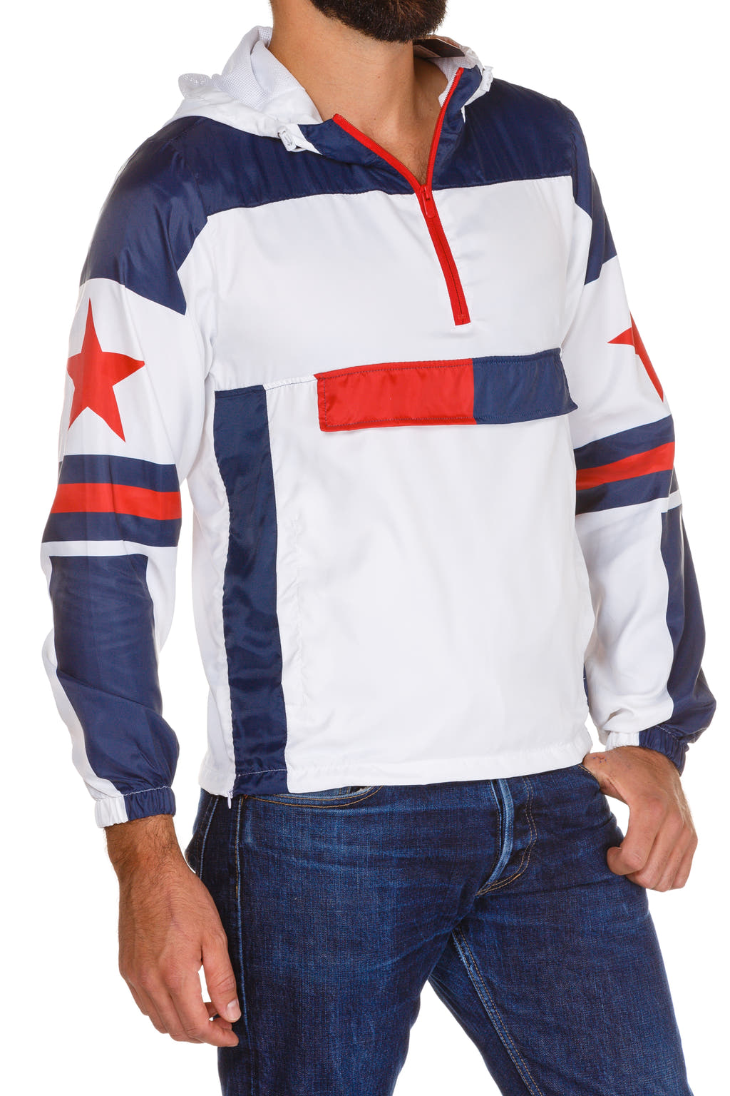 red, white and blue windbreker for men