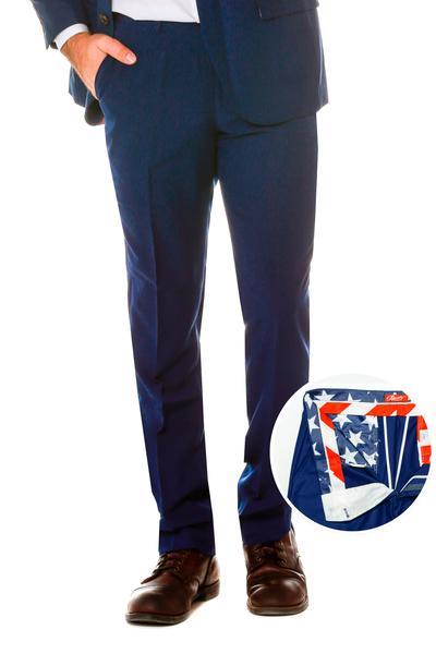 Navy suit pants with American flag lining