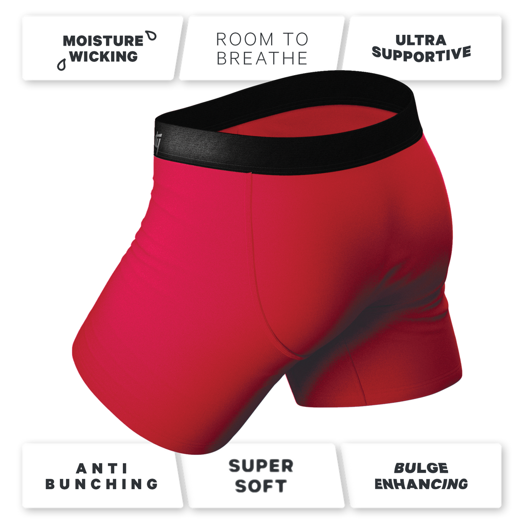 Red Velvet Ball Hammock® Pouch Underwear close-up with logo detail.