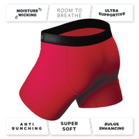 Red Velvet Ball Hammock® Pouch Underwear close-up with logo detail.