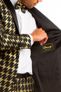 mens black label gold and black suit