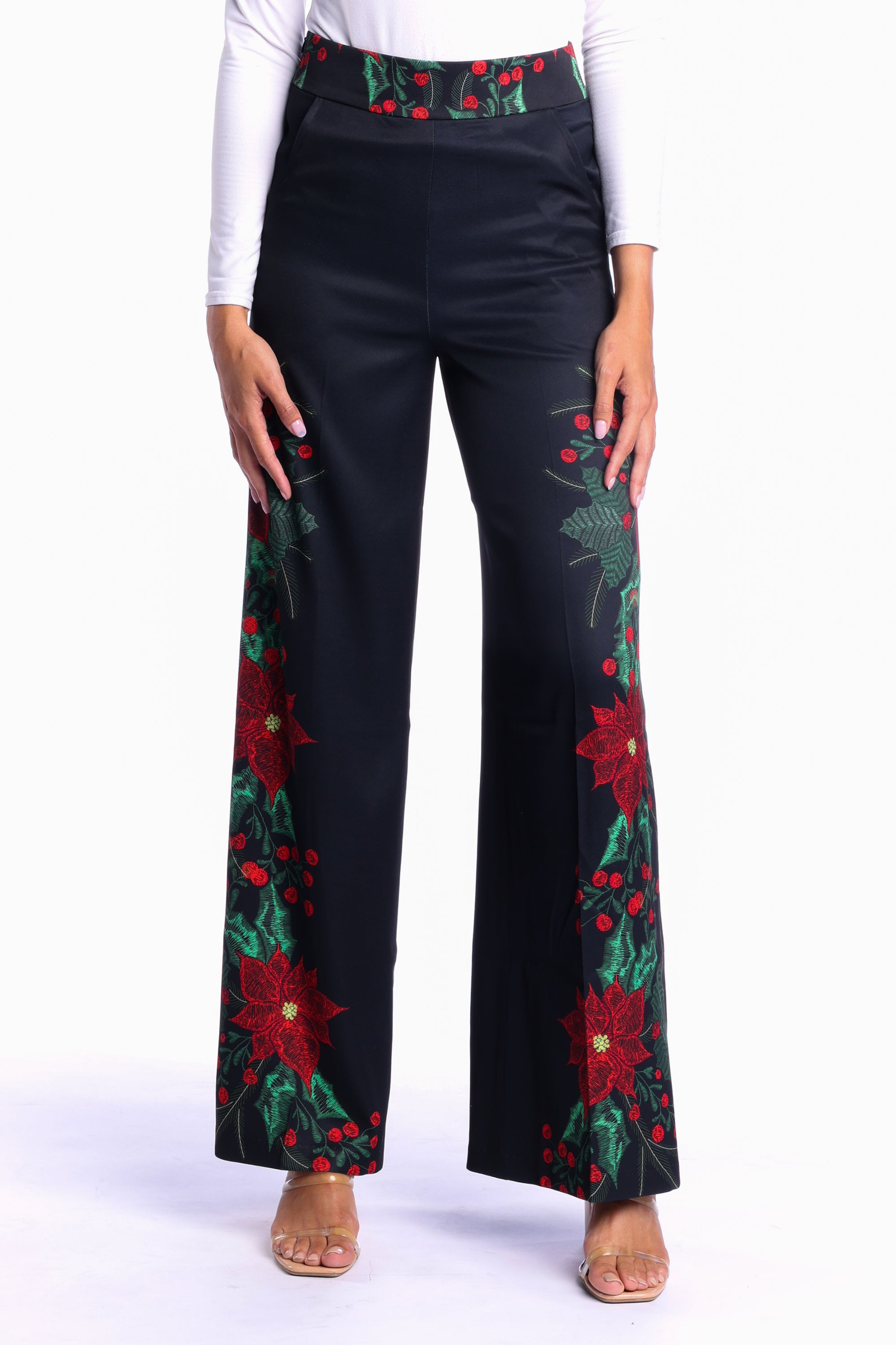  Christmas Poinsettia Yoga Pants For Women Tummy