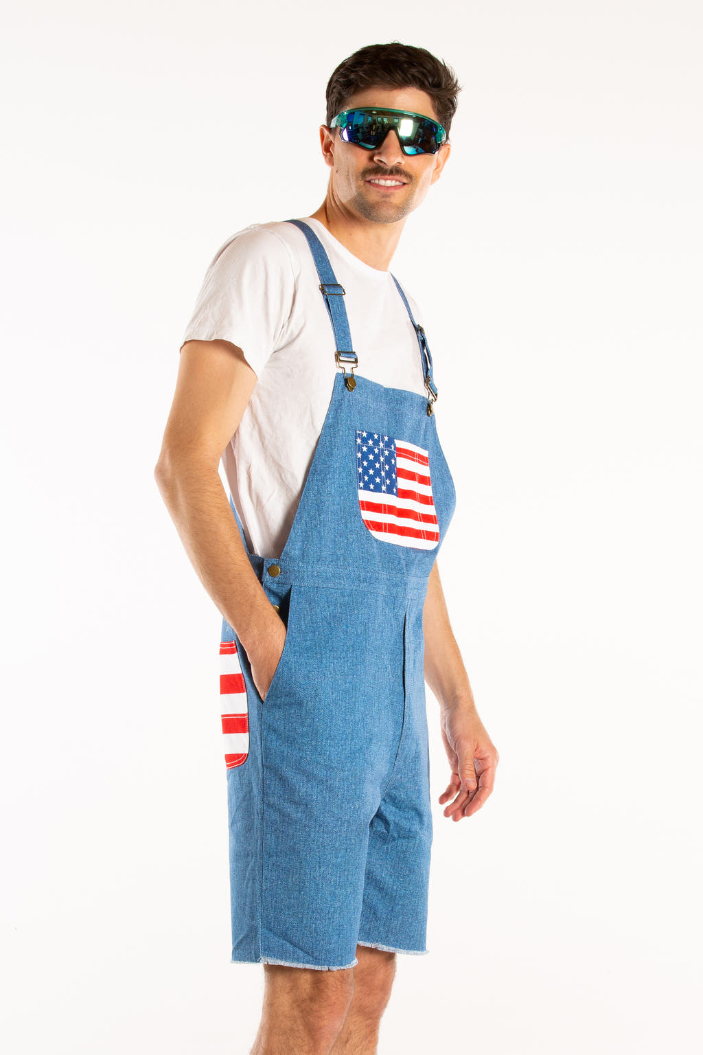 Men's denim american flag short overalls