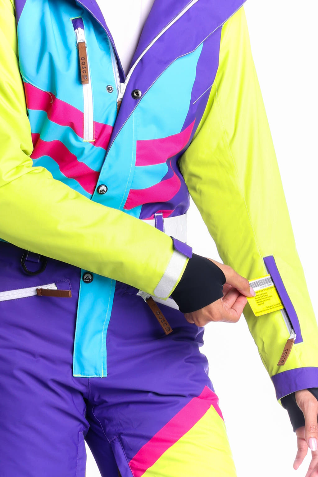 Colorful neon purple ski suit