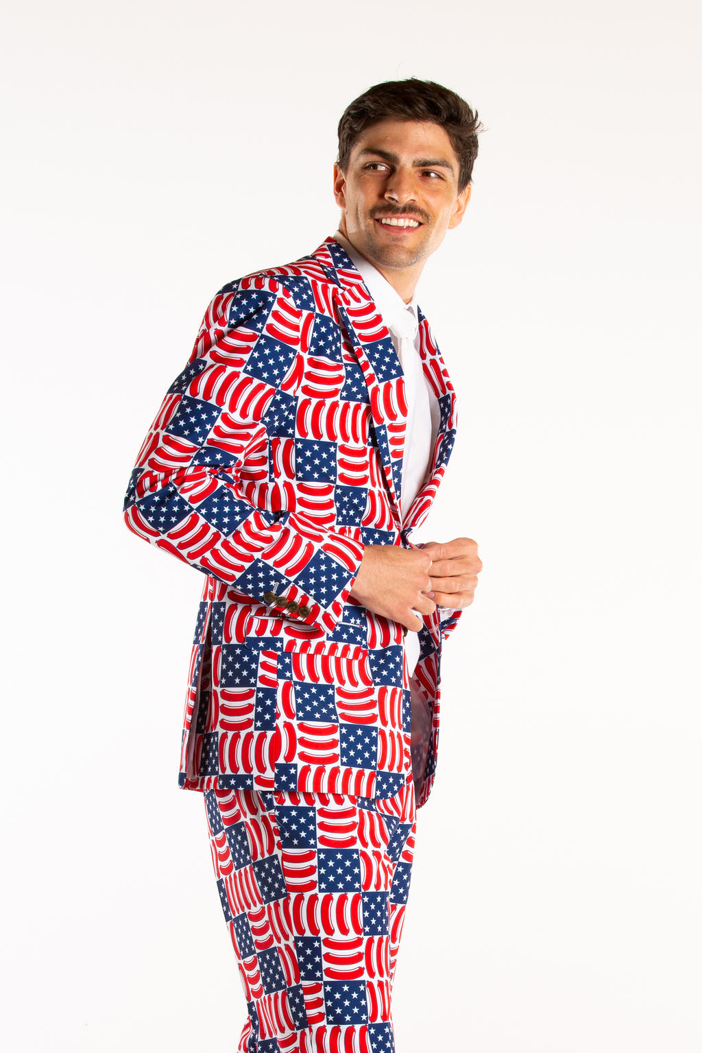 red and blue USA hotdog suit