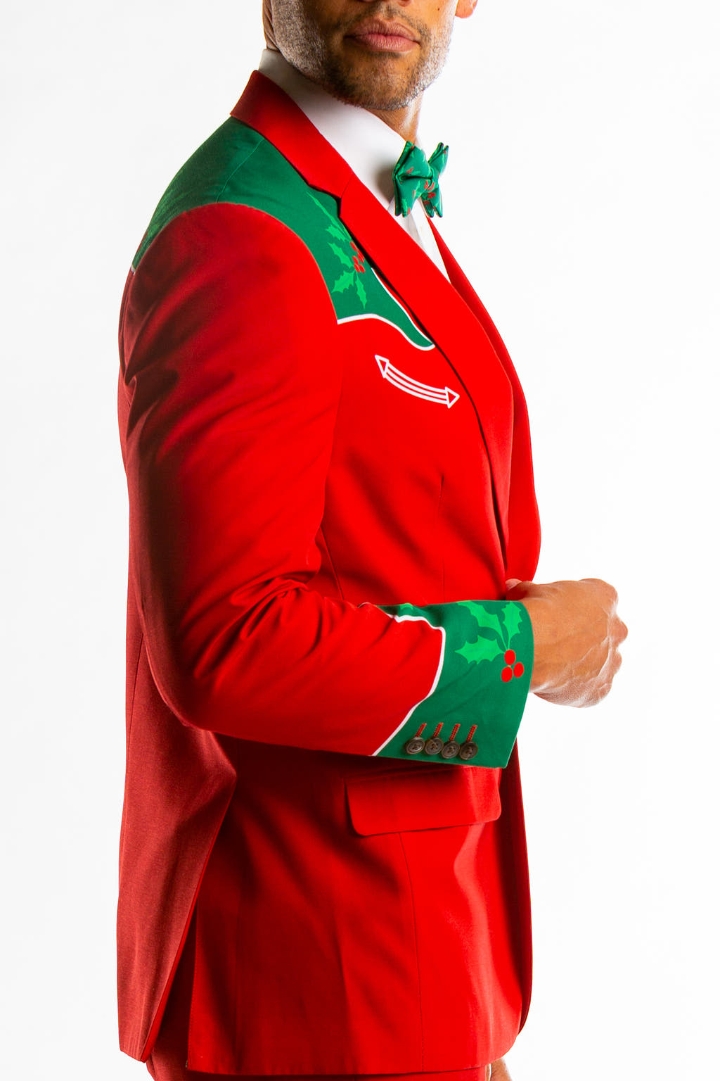 red and green christmas suit