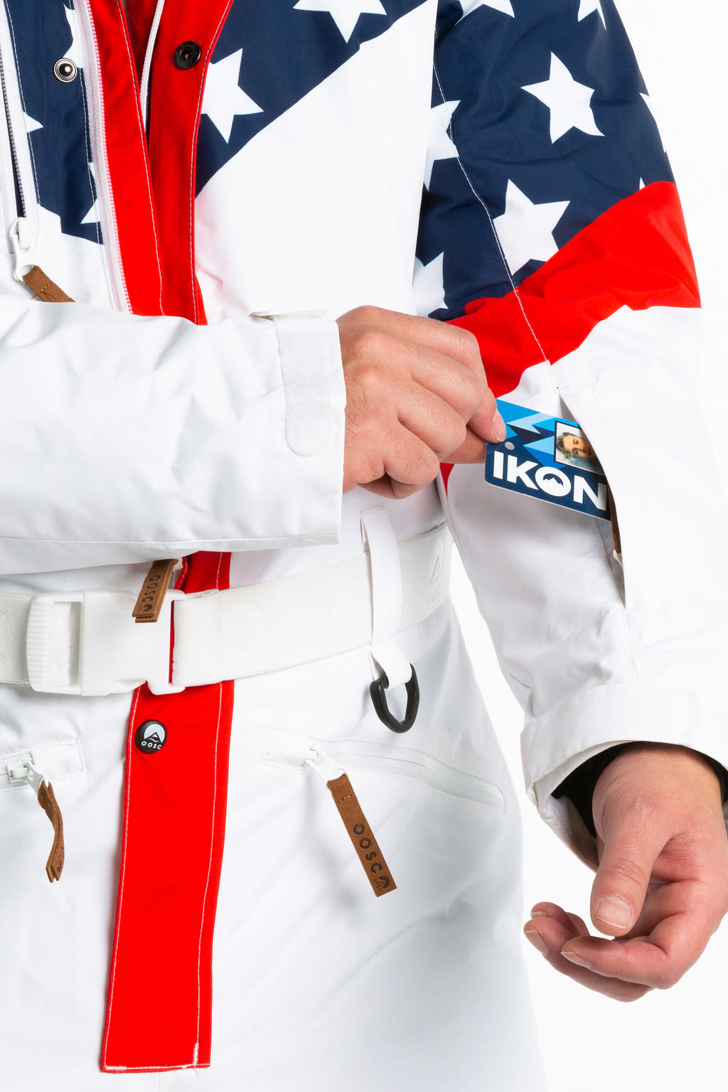 Retro American flag ski suit with many pockets