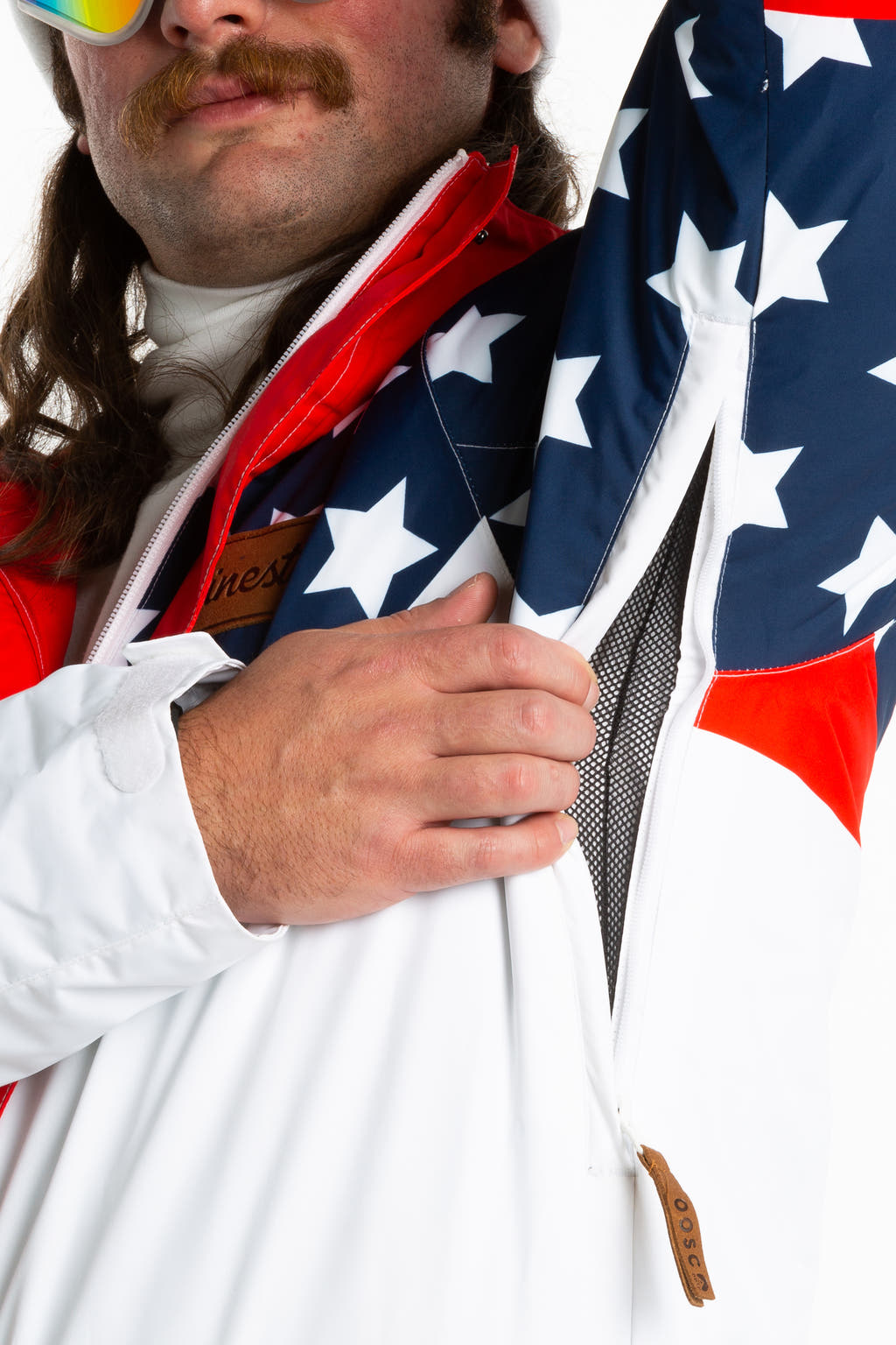 white ski suit with USA flag print