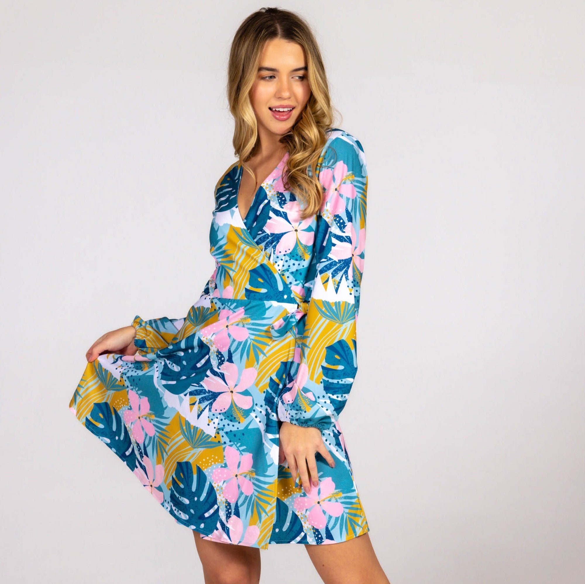 Blue Tropical Women's Wrap Dress | The Floral Fixation