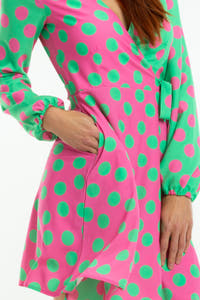 pink and green polka dot wrap dress