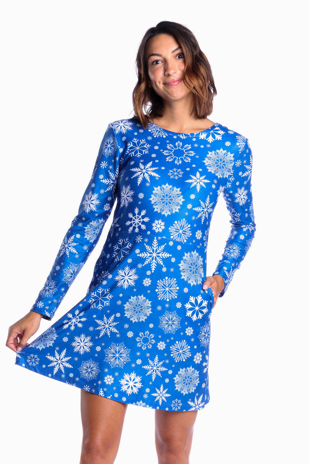 Blue Snowflake Christmas Long Sleeve Skater Dress | The Ice Never Melts