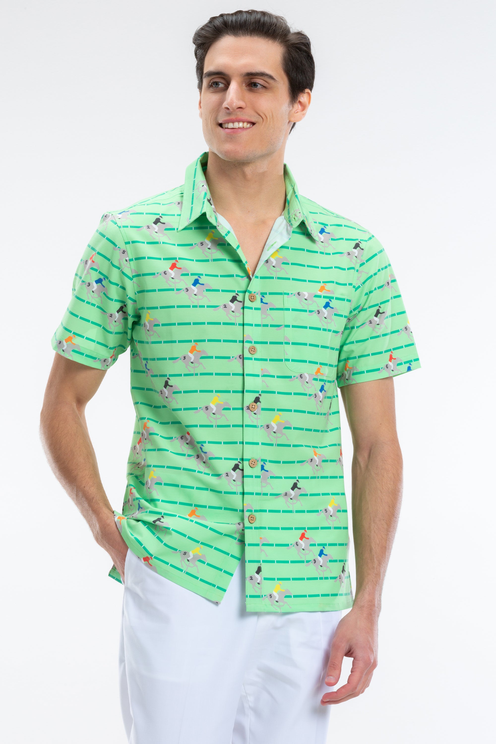 The Louisville | Men's Derby Horse Racing Stripe Hawaiian Shirt | Size S | Green | Shinesty