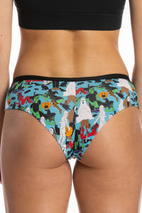 A woman wearing Halloween character cheeky underwear.