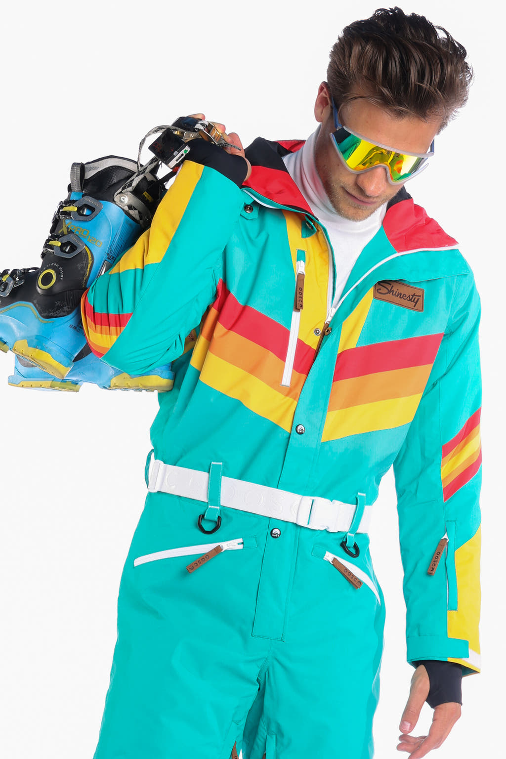 The Side Country Sender | Men's Turquoise Striped Retro Ski Suit