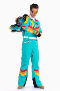 The Side Country Sender Men's Turquoise Striped Retro Ski Suit 