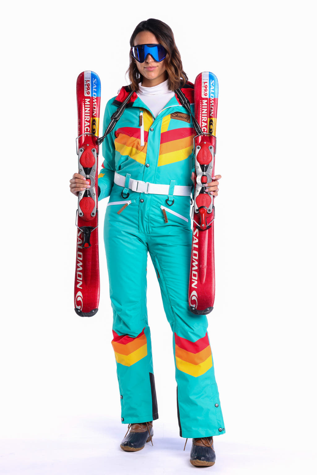 The Side Country Sender Women's Turquoise Striped Retro Ski Suit