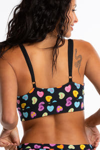 black bralette with candy hearts