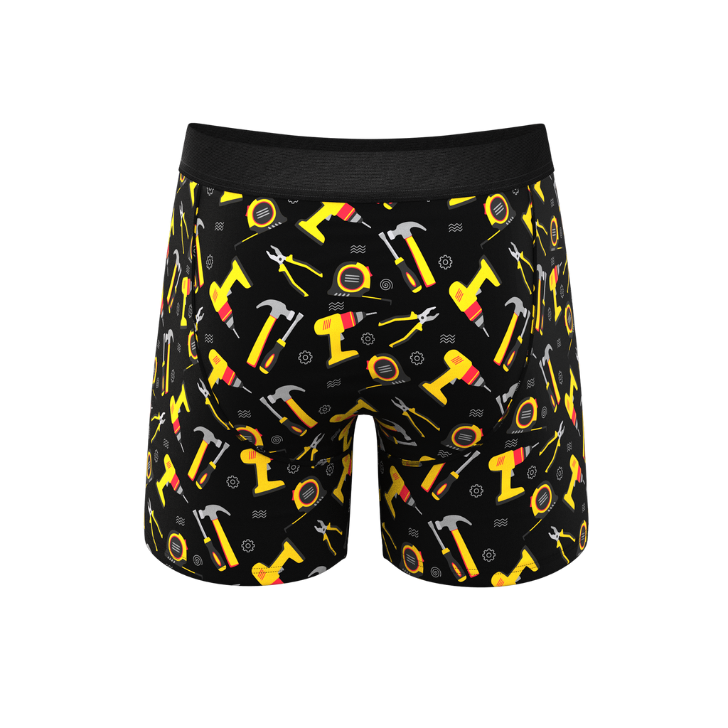 black and yellow pouch underwear with a fly