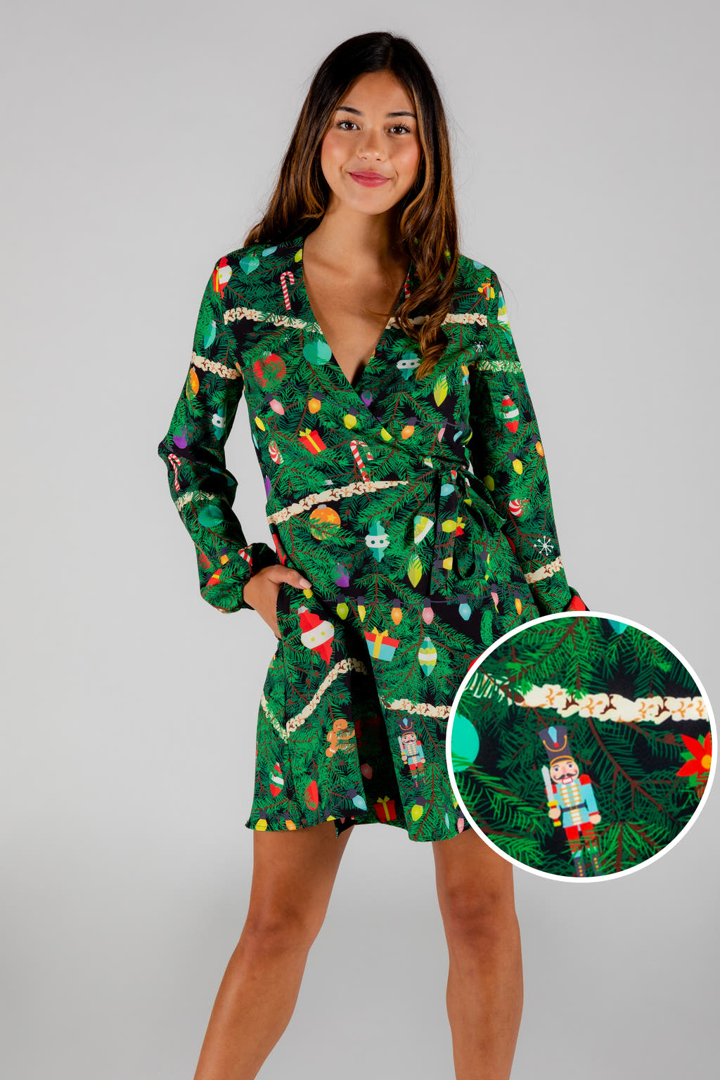 fun Christmas tree print wrap dress for ladies 