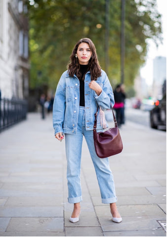 woman in jean jacket and jeans