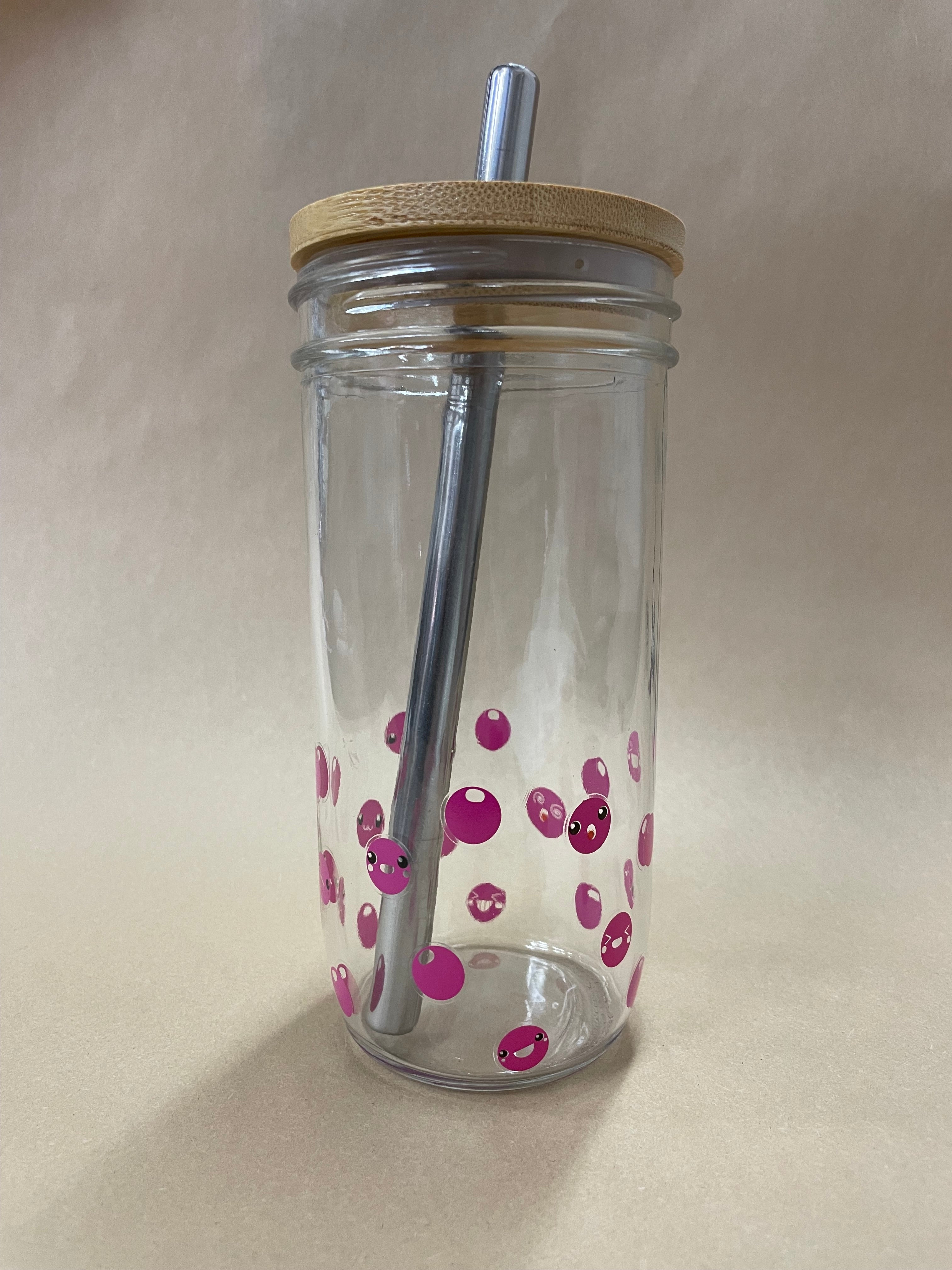 2 Cup Set Cute Glass Mason Jar Boba Cups Set with Bamboo Lids and