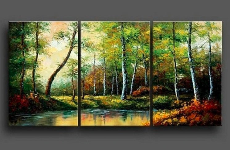 Bedroom Canvas Painting, Acrylic Landscape Painting, Forest Landscape Painting, Forest Tree Painting, 3 Piece Painting