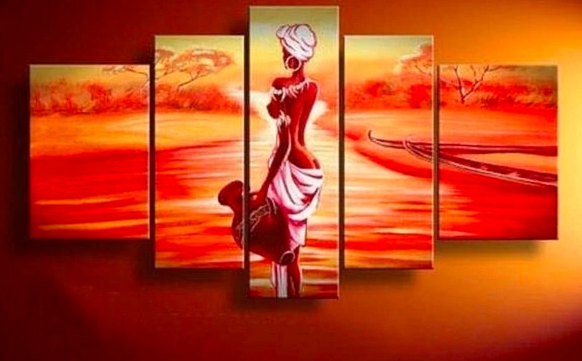 Sunrise Painting, African Woman Painting, Canvas Painting for Bedroom, African Painting, 5 Piece Canvas Art, Acrylic Landscape Painting