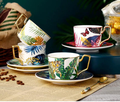 Jungle Animals Porcelain Coffee Cups, Coffee Cups with Gold Trim