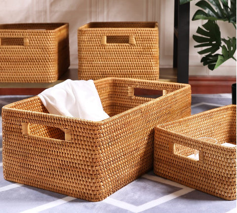 Large Rectangular Storage Basket with Lid, Rattan Storage Case, Storag –  Paintingforhome