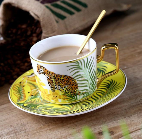 Jungle Animals Porcelain Coffee Cups, Coffee Cups with Gold Trim