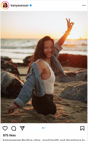 Instagram screenshot girl at beach giving peace sign