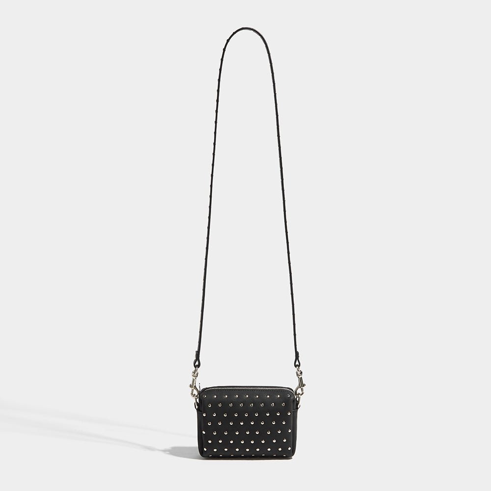 Silver Studs Cross Body Bag Strap Black Leather Studded Bag Strap