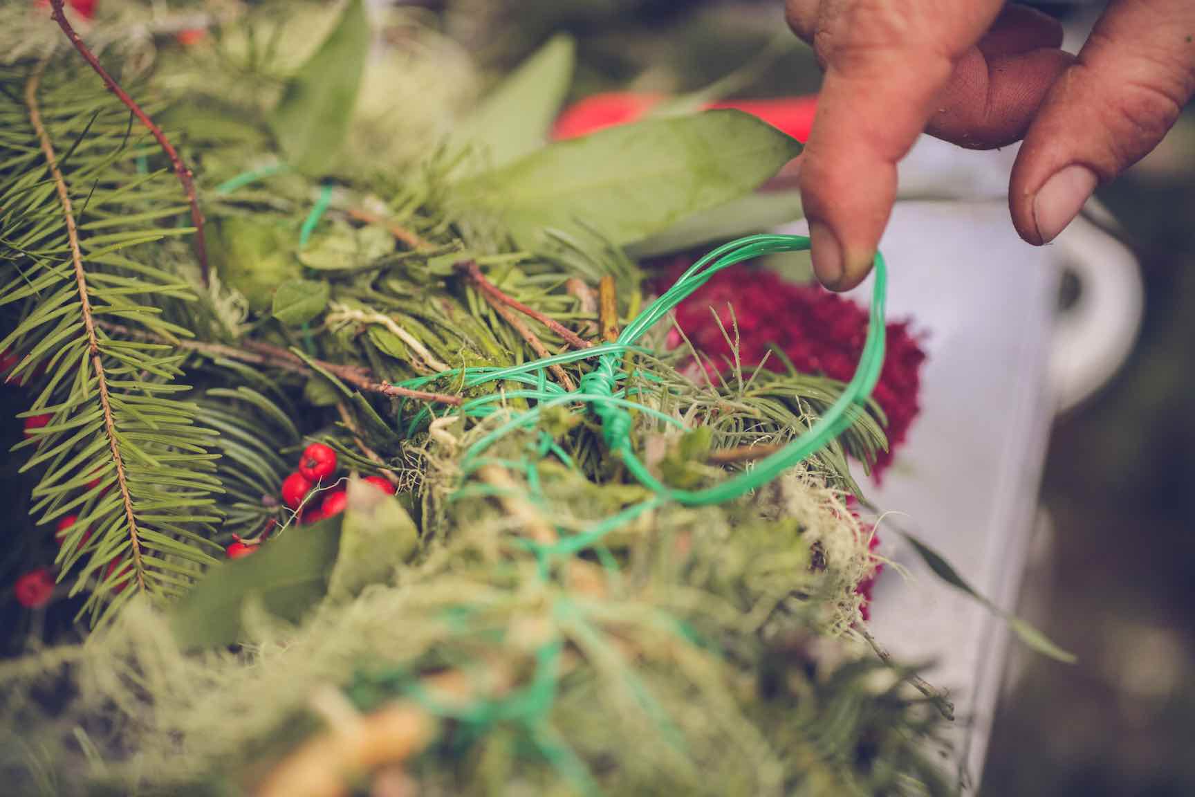 homemade wreath making from found materials