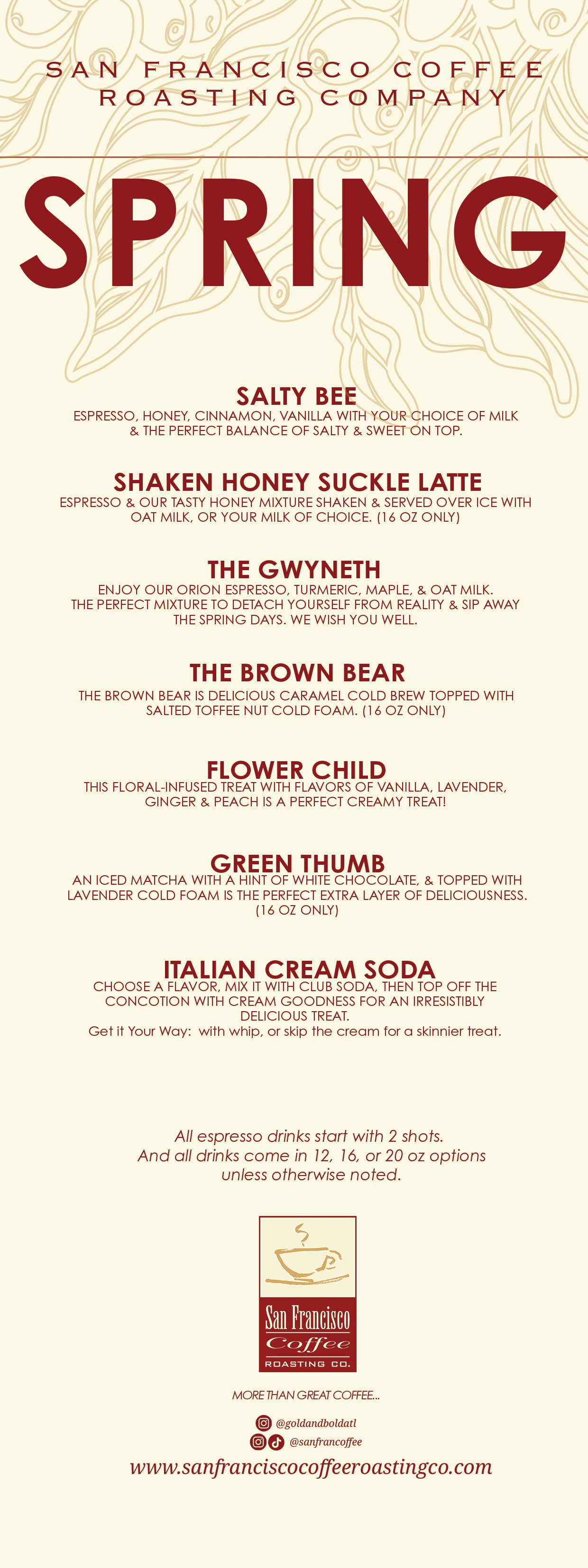 Menu of San Francisco Coffee Roasting Company's Spring Drink Selection